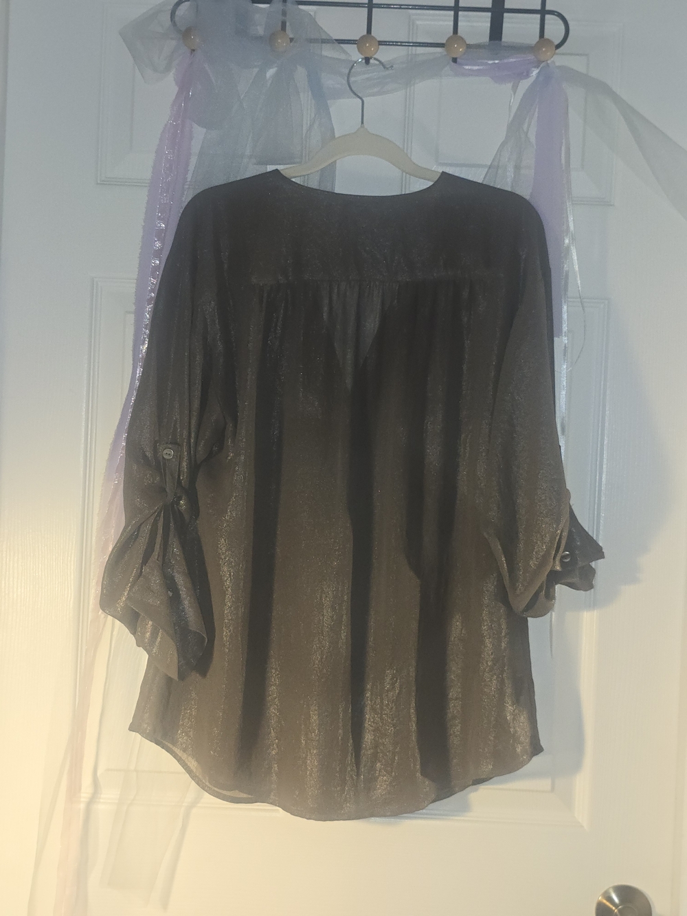Ann Taylor Smoky Brown Color Shimmery Button-Tab Sleeve Blouse